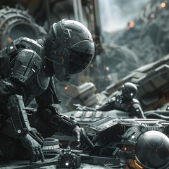 Fototapeta premium high-tech robots or cybernetic soldiers working in an industrial or post-apocalyptic environment. 