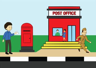 Vector illustration of Post office. The postman is standing in front of the post office.