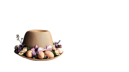 Easter Bonnet with Pastel Ribbons Flowers and Mini Eggs