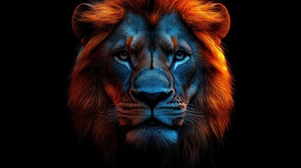 Majestic lion portrait, dark background, wildlife, power, advertising