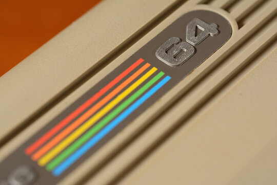 Close-up view of the commodore 64 computer logo, home computer, marketed in the 80s, photo of February 13, 2025