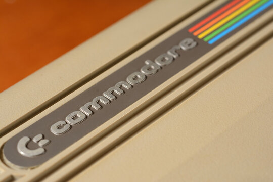 Close-up view of the commodore 64 computer logo, home computer, marketed in the 80s, photo of February 13, 2025