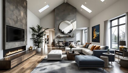 Modern Farmhouse Living Room Design with Fireplace and Skylights