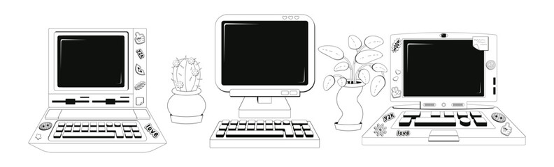 Collection of vintage computers showing different designs and styles with plants and a cup, representing evolution in technology and workspace aesthetics.