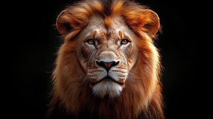 Naklejka premium Majestic Lion Portrait, Dark Background, Wildlife