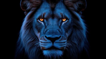 Fototapeta premium Majestic lion portrait, night, darkness, power, wildlife, African savanna, advertising