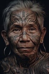 Elderly Person With Intricate Face And Body Tattoos