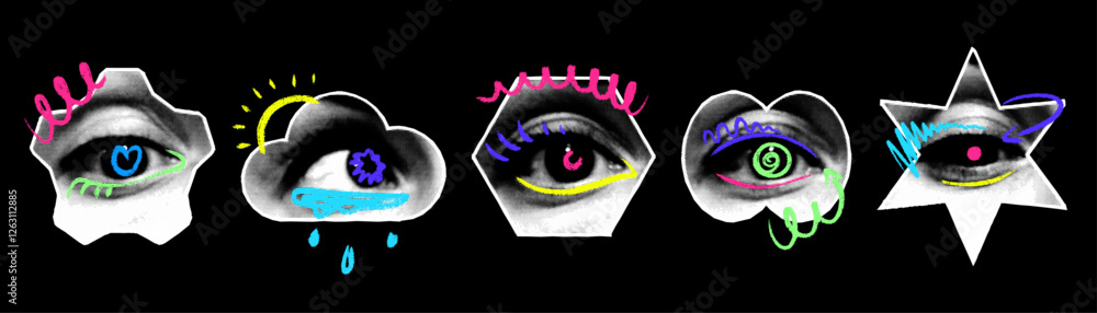 Poster creative geometric representations of eyes using neon-colored pencils form a vibrant collage with in
