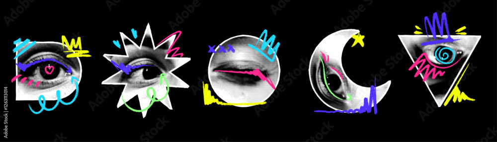 Aufkleber creative geometric cuts of colorful eyes using neon pencils showcase imaginative design and artistic