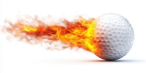Golf ball soaring with a fire trail from the side view isolated on white background