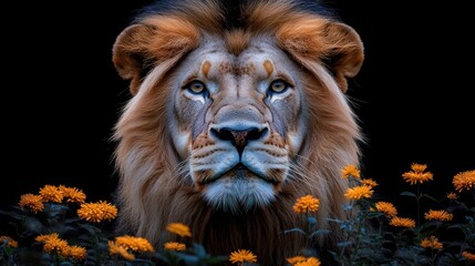 Fototapeta premium Majestic lion portrait, flowers, dark background, wildlife