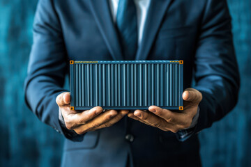 A business man in a suit holding a shipping container. International trade concept