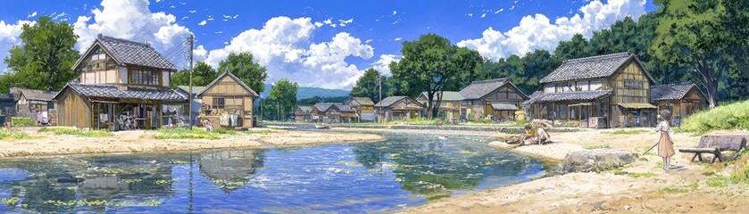 Tranquil village pond, summer day, Asian houses, background hills, idyllic scene