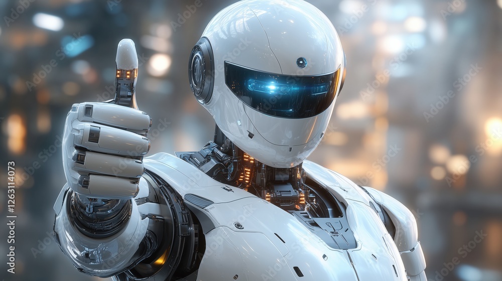 Poster modern robot giving a thumbs up gesture in a futuristic setting