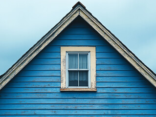 Blue house roof top with window sky background. 