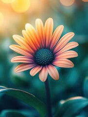 Fototapeta premium A close up of a flower with a bright orange center and green leaves