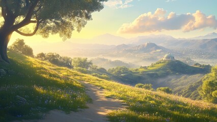 A hilltop, gazing at a vast, serene landscape. The scene evokes a sense of peace, tranquility, connection with nature. The overall image should convey a message of hope, healing, and mental well-being
