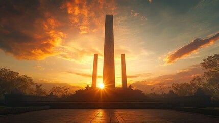 Ai generated bajra sandhi monument during golden hour sunset illuminating three giant pillars in bali, indonesia