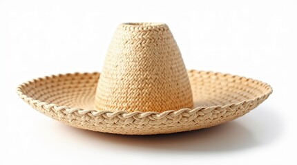 Simple straw Mexican sombrero hat with woven trim, isolated on white background