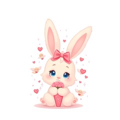 Fototapeta premium Adorable bunny holding a bouquet of pink flowers