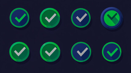 Set of green checkmark icons, tick symbols, checklist icons, and approval badges