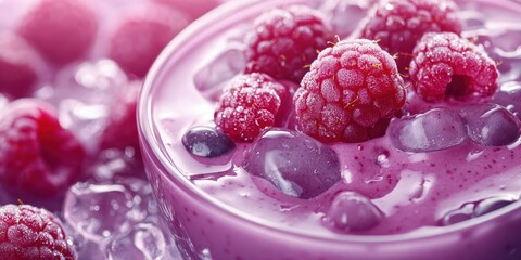 Refreshing raspberry smoothie with ice and berries in a vibrant, cool setting