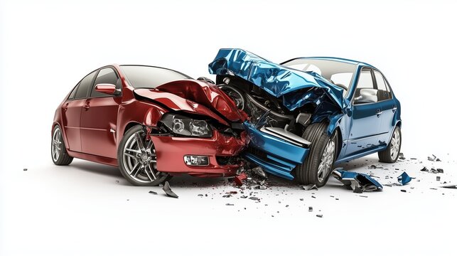 Red and blue car accident crash collision isolated on white background with copy space for design