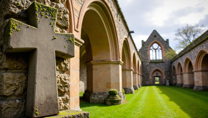 Rustic stone cross resting against ancient abbey wall, tranquility