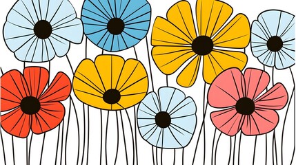 Colorful Hand-Drawn Flowers in Bright Shades on White Background