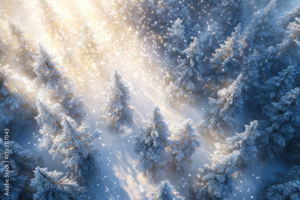 Poster magical winter wonderland with snow-covered fir trees and sparkling sunlight filtering through the b