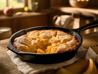 Homemade Peach Cobbler in Cast Iron Skillet on Rustic Wood Table