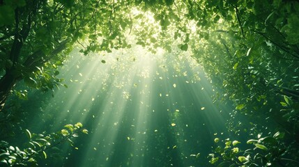 Fototapeta premium Sunbeams Illuminate Lush Green Forest Canopy