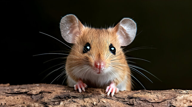 Cute deer mouse on wood, dark background, wildlife