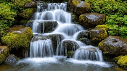 Fototapeta premium A serene waterfall cascading over smooth rocks, surrounded by lush green foliage, creating a peaceful natural landscape.