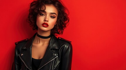 Fototapeta premium Bold Model in Leather Jacket Against Red Backdrop
