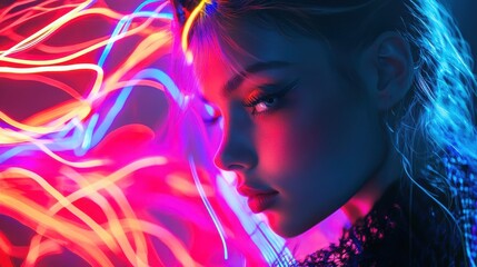 Fototapeta premium Dynamic Neon Lights on Stylish Model in Studio