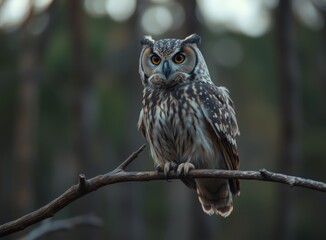 Obraz premium Alert Owl on Branch Scanning Forest Landscape - Night Hunter Stock Photo