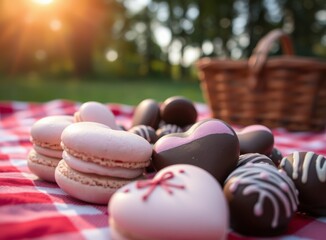 Obraz premium Romantic outdoor picnic with heart macarons and chocolates on a red checkered cloth