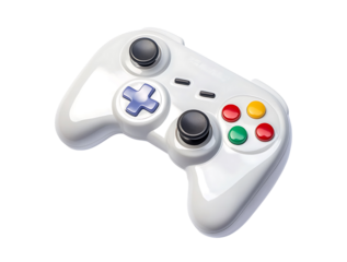 A white retro video game controller with colorful buttons on the side, isolated on transparent background