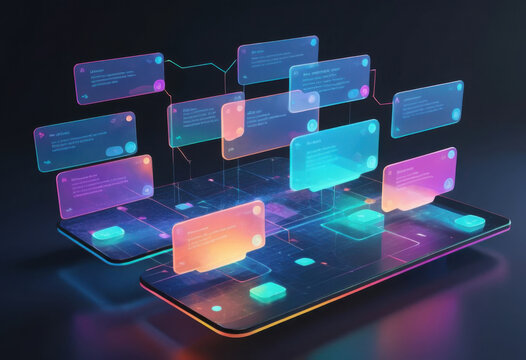 Sistema de mensajer&iacute;a de IA con cuadros de chat flotantes y transl&uacute;cidos, que brillan en un entorno de software de alta tecnolog&iacute;a
