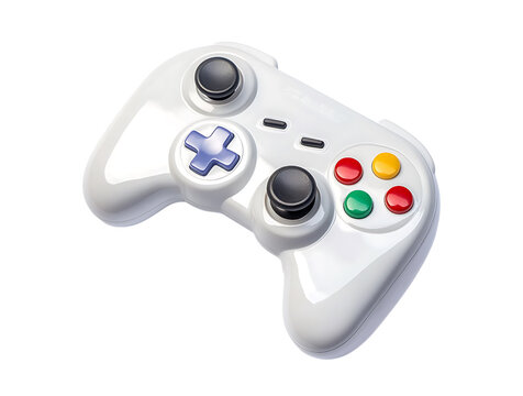 A white retro video game controller with colorful buttons on the side, isolated on transparent background