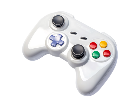 A white retro video game controller with colorful buttons on the side, isolated on white background.