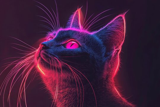 Neon cat with glowing whiskers, pet lover theme.