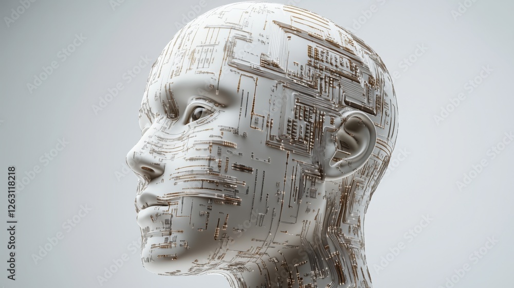 Poster exploration of artificial intelligence through a digitized human head representing technology and in