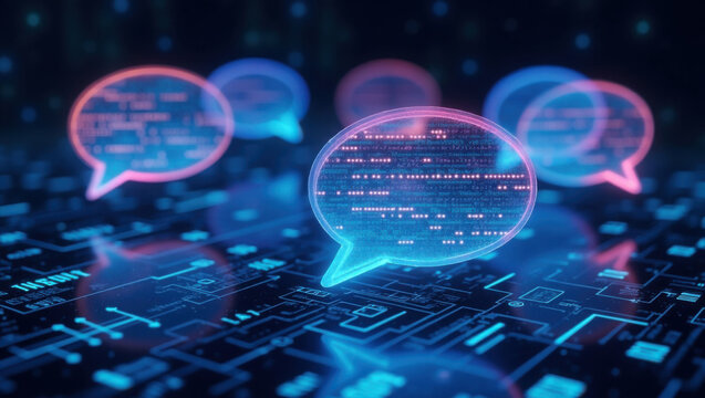Burbujas de diálogo vibrantes, brillantes y transparentes que contienen código críptico generado por IA, suspendidas en un reino digital futurista
