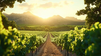 Fototapeta premium Vineyard Rows Bask in Golden Sunset Light Against Mountain Backdrop