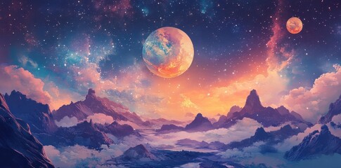 Dreamscape of otherworldly planets and majestic mountains beneath starry skies