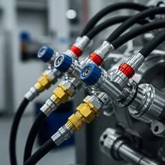Close-up of high-tech industrial equipment with metallic valves, gold and platinum fittings, and hydraulic hoses in various colors. Space available for text—ideal for banners, websites, and marketing.