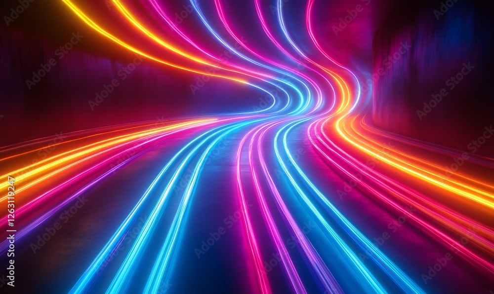 Poster abstract glowing neon light trails in a dark space, creating a dynamic effect of speed