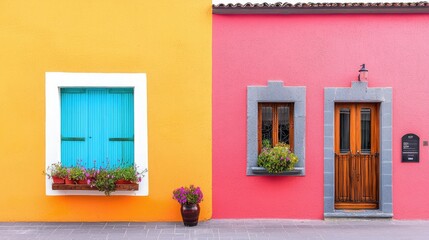 Colorful houses, vibrant facade, flower pots, sunny street, travel destination